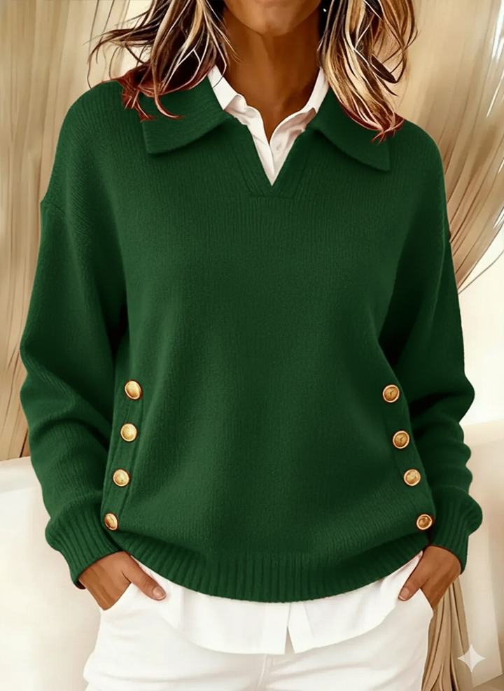 Vynette | Women's V-Neck Sweater Featuring Fold-Over Collar and Button Details