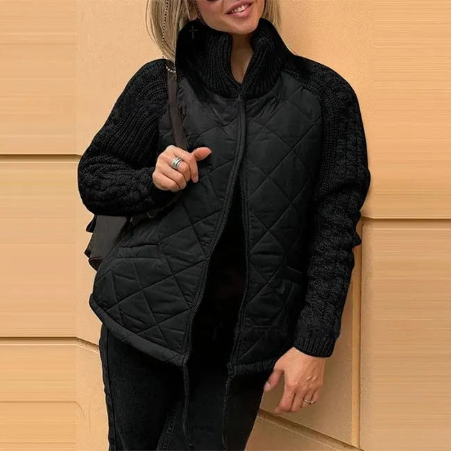 Bronte Women's Quilted Jacket with Knitted Sleeves and Stand-Up Collar