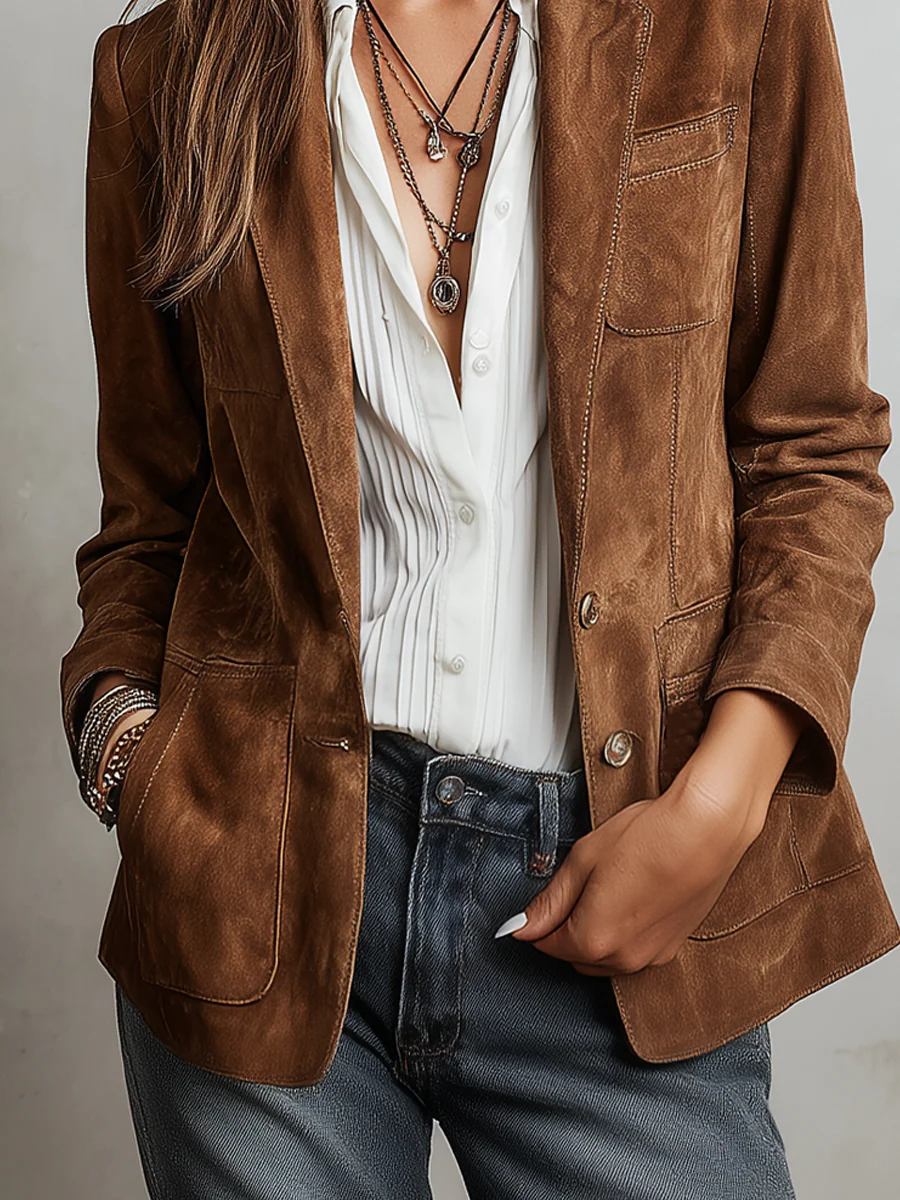 Verona Women's Faux Suede Jacket with Lapel Collar and Front Pockets