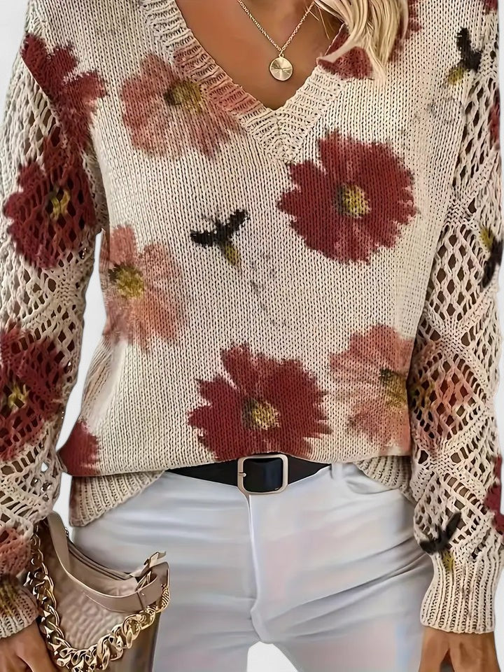 Charlie | Women's Floral Knit Sweater with Elegant V-Neck Design
