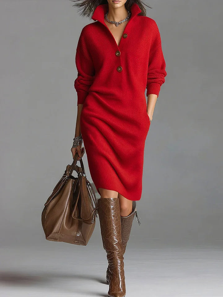 Quilla | Women's Collared Knit Sweater Dress with Button Accents