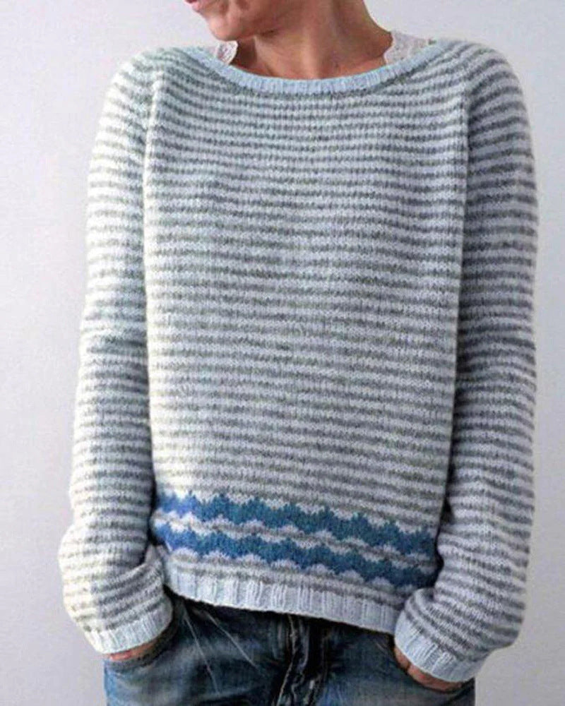 Women's Relaxed Fit Scandinavian Wool Blend Sweater | Nordic Zigzag Hem Design | Everyday Winter Knitwear