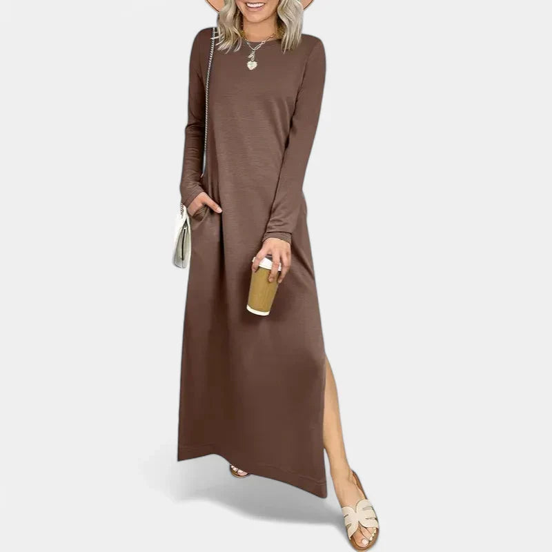 SANDRA | Relaxed Fit Long Sleeve Crewneck Maxi Dress