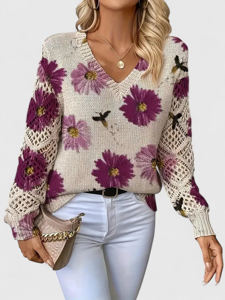 Charlie | Women's Floral Knit Sweater with Elegant V-Neck Design