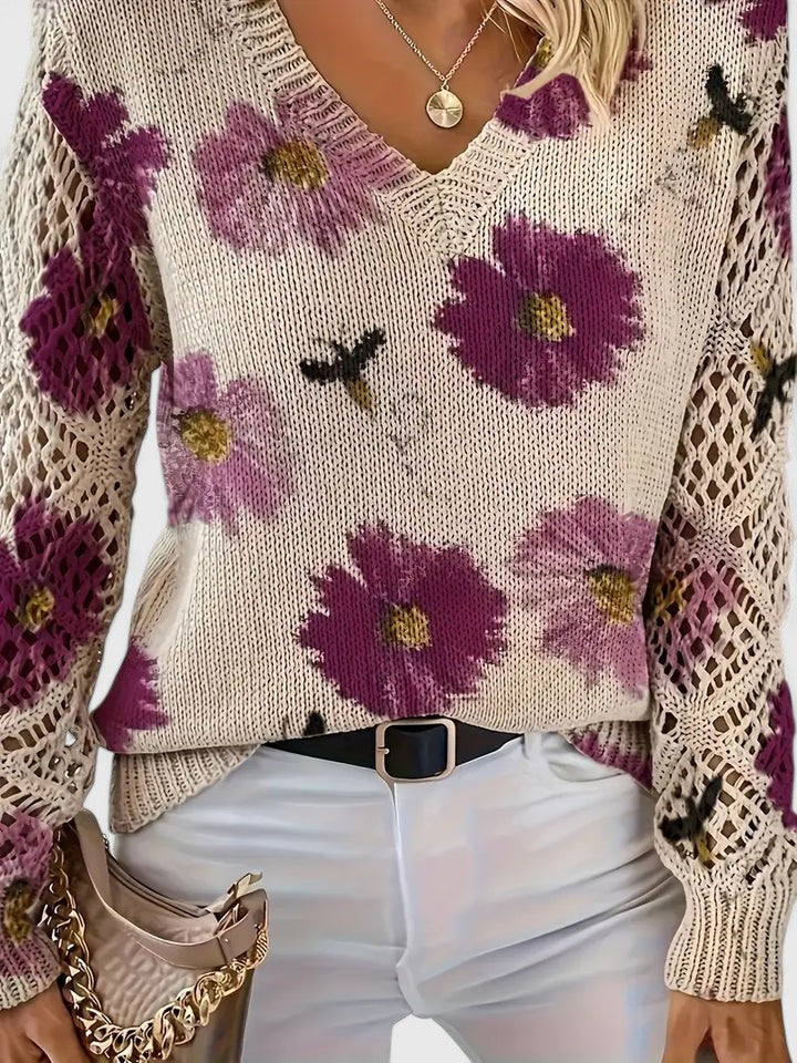 Charlie | Women's Floral Knit Sweater with Elegant V-Neck Design