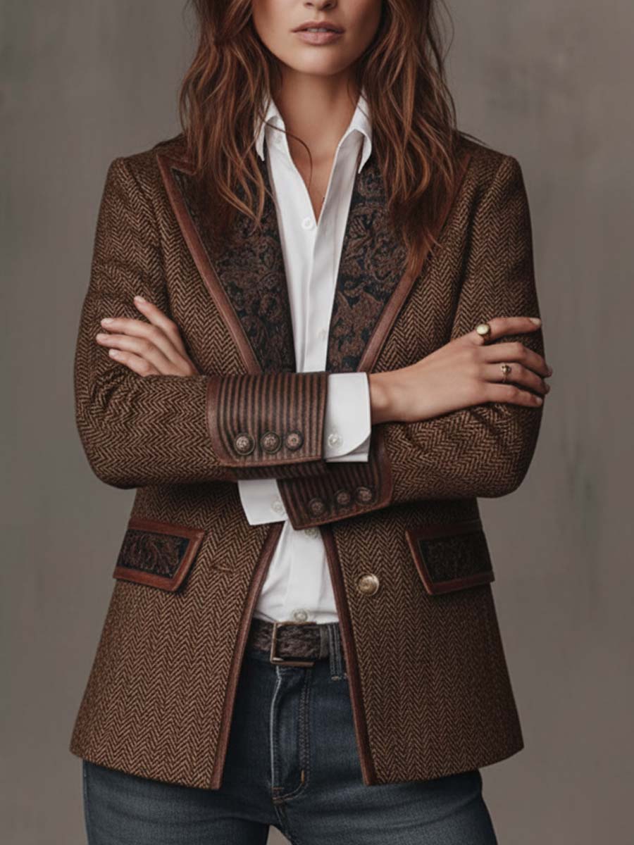 Florentina | Women's Herringbone Blazer with Gold Accents