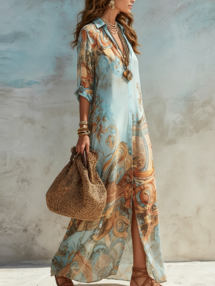 Blue Chiffon Maxi Dress with Baroque Floral Design