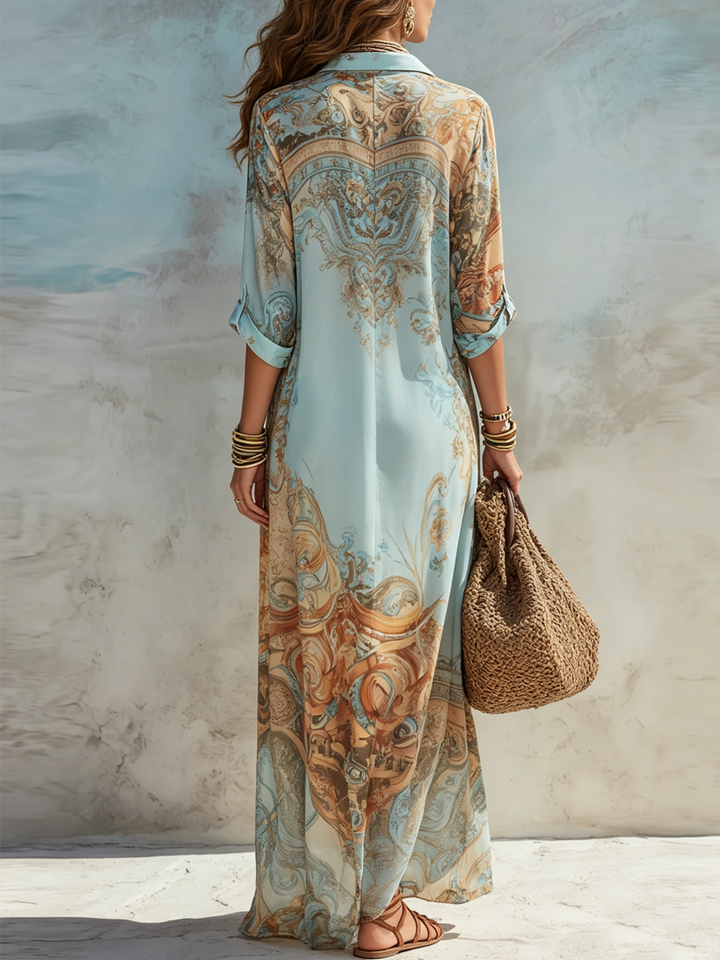 Blue Chiffon Maxi Dress with Baroque Floral Design