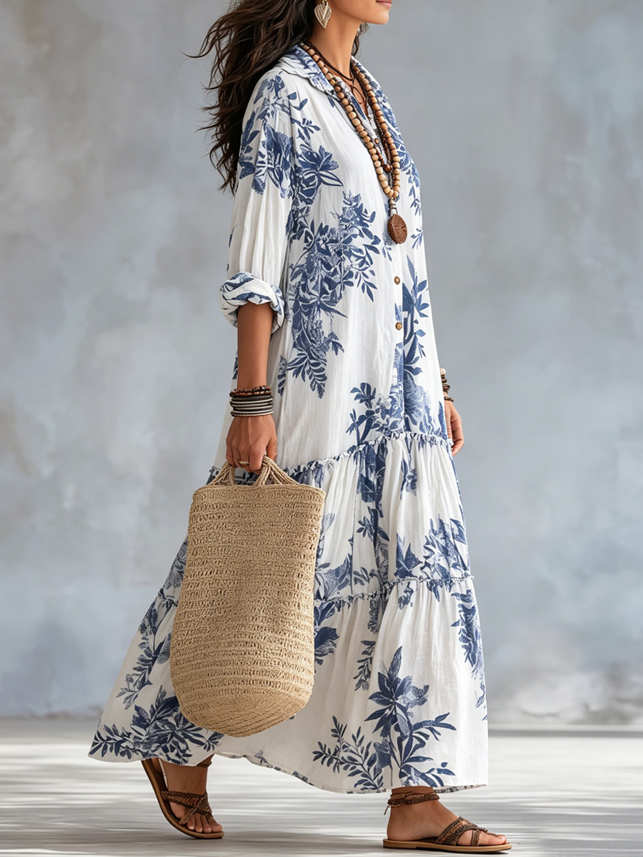 Boho Chic Blue Floral Maxi Dress with Button Details