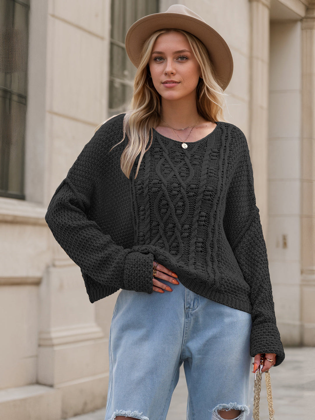 Eloise Women's Scoop Crew Neck Cable Waffle Knit Sweater