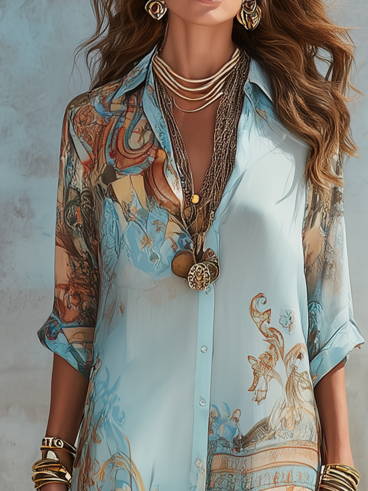 Blue Chiffon Maxi Dress with Baroque Floral Design