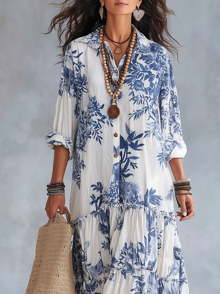 Boho Chic Blue Floral Maxi Dress with Button Details