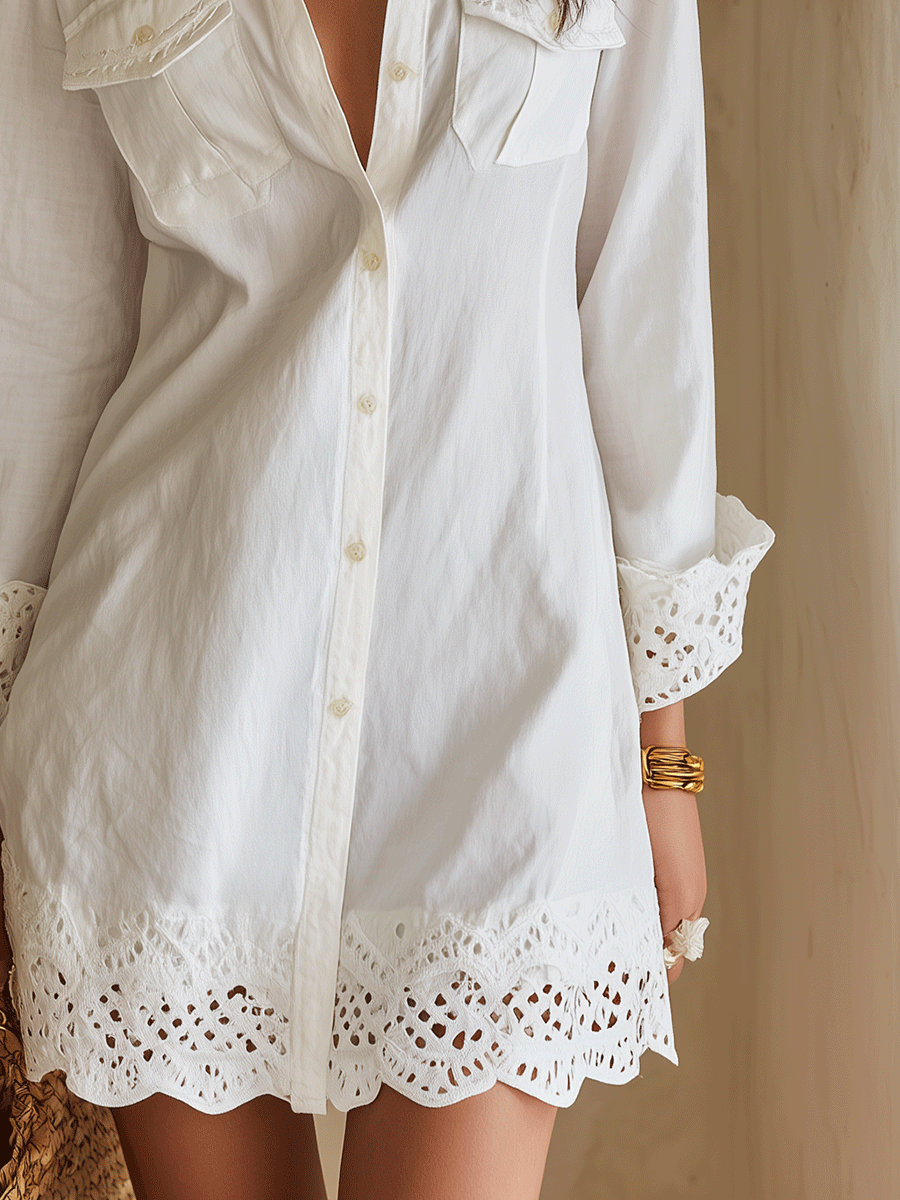 Bohemian White Mini Dress with Eyelet Hem for Resort Wear