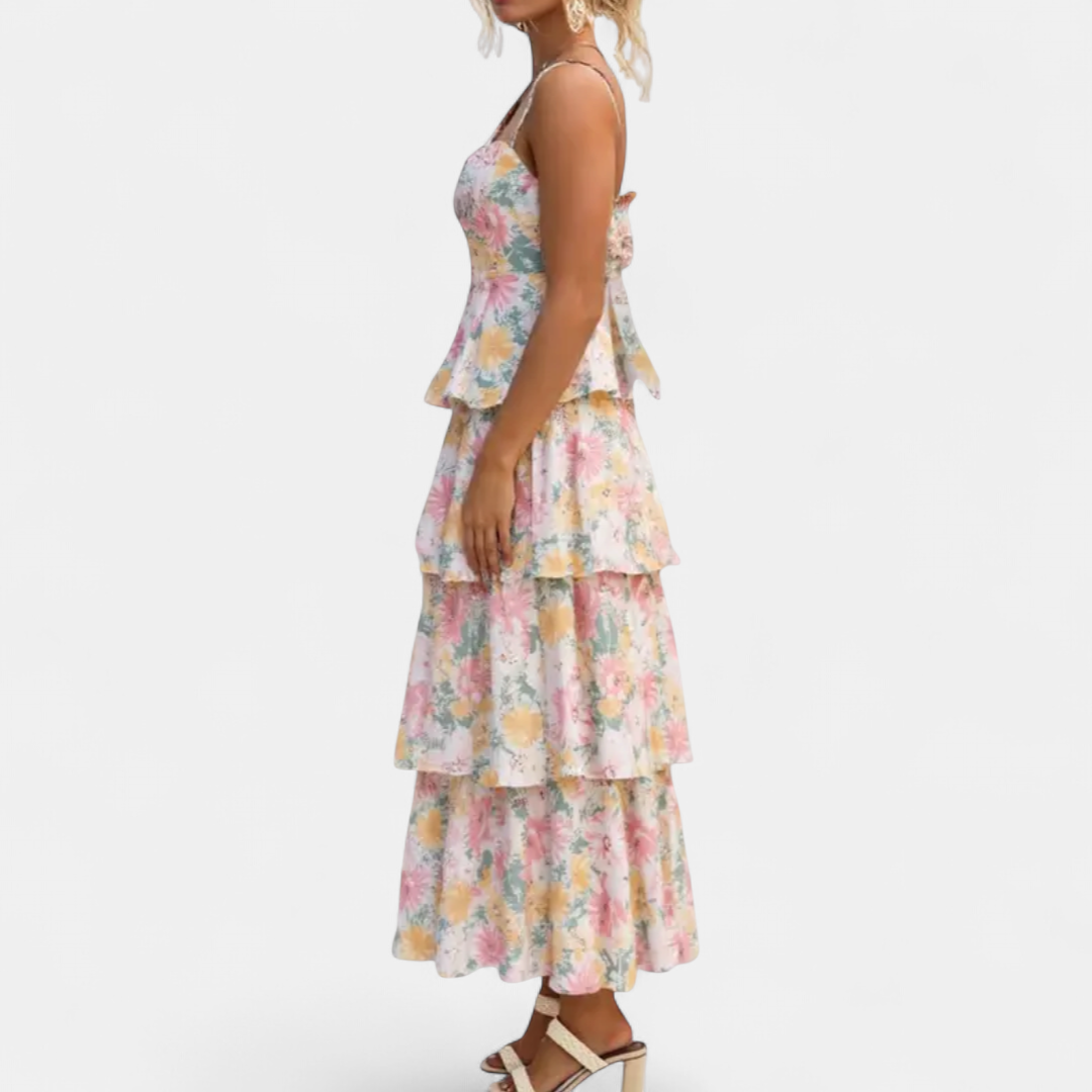 ISOLDE | Tiered Maxi Dress with Floral Spaghetti Straps