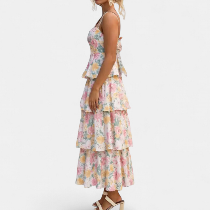 ISOLDE | Tiered Maxi Dress with Floral Spaghetti Straps