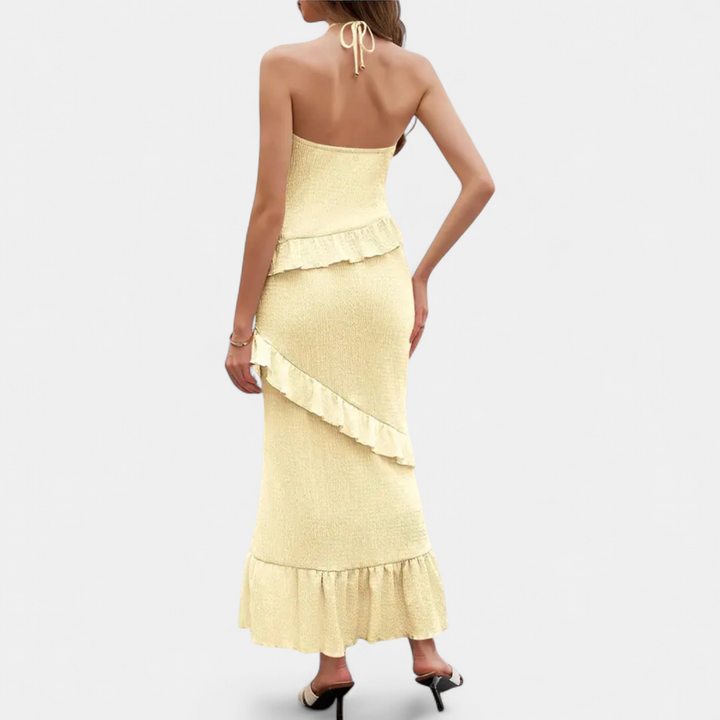 NICOLETTE | Ruffled Maxi Dress with Deep V Halter Neck