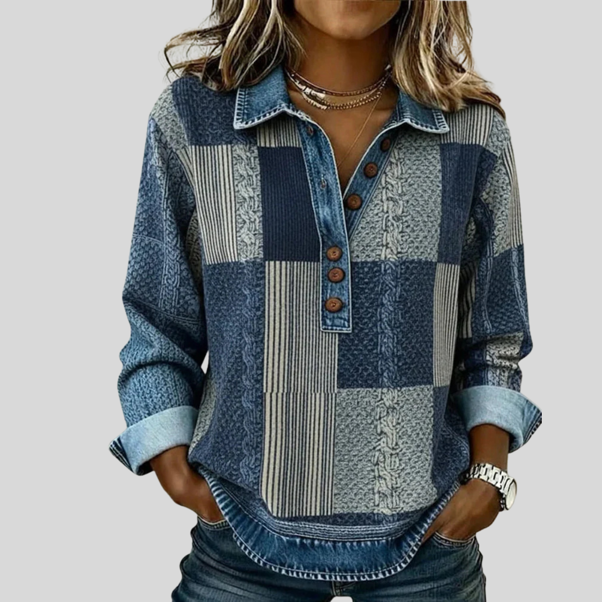 Meridell | Women's Colorblock Panel Sweatshirt Featuring Button Placket