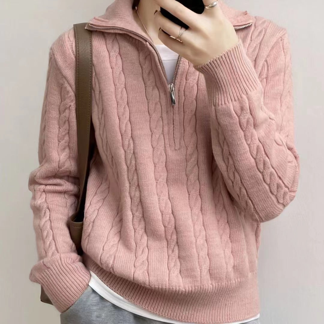 Fiona | Women's Cropped Cable Knit Sweater with Half-Zip Funnel Neck