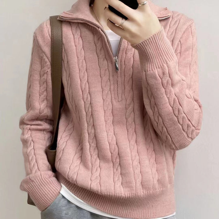 Fiona | Women's Cropped Cable Knit Sweater with Half-Zip Funnel Neck