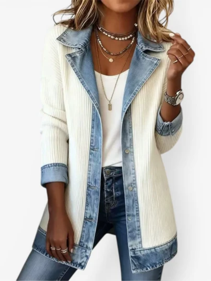 Sloane | Women's Ribbed Jacket with Denim Collar and Contrast Panels