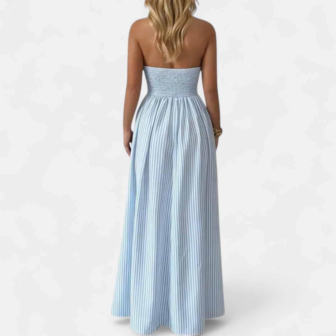 CASPIENNE | Striped V-Neck Halter Maxi Gown