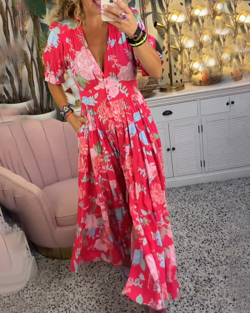 Reagan - Floral Maxi Dress with V-Neck and Short Sleeves