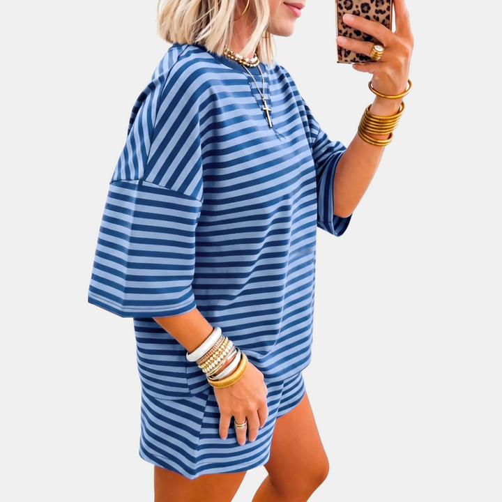 Women's Oversized Striped Lounge Set with Drop Shoulder Top and Shorts