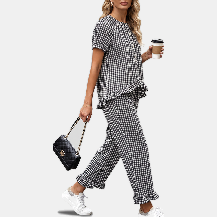 Women's Ruffle Hem Cropped Pajama Set with Wide Leg Pants