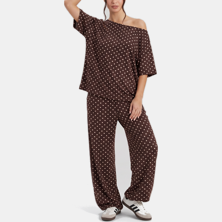Off-Shoulder Top and Wide-Leg Trousers Women's Lounge Set