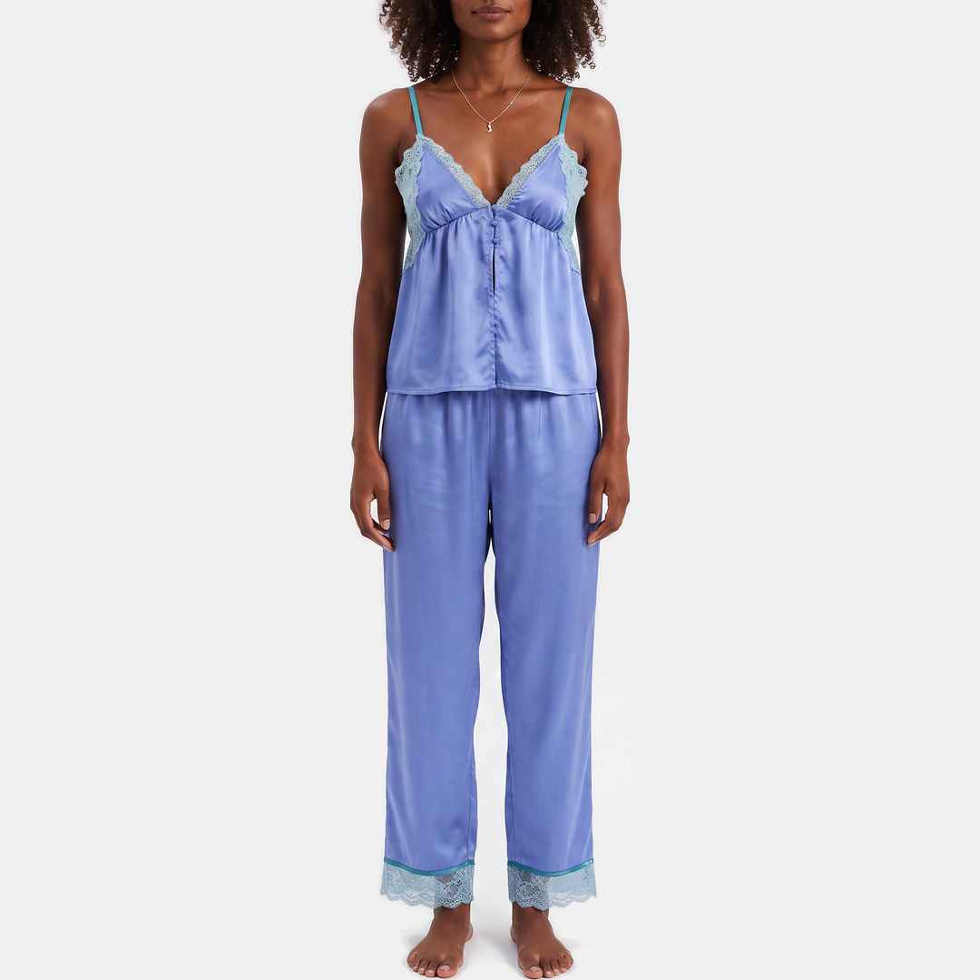 Women's Wide Leg Satin Pajama Set with Lace Trim Cami Top