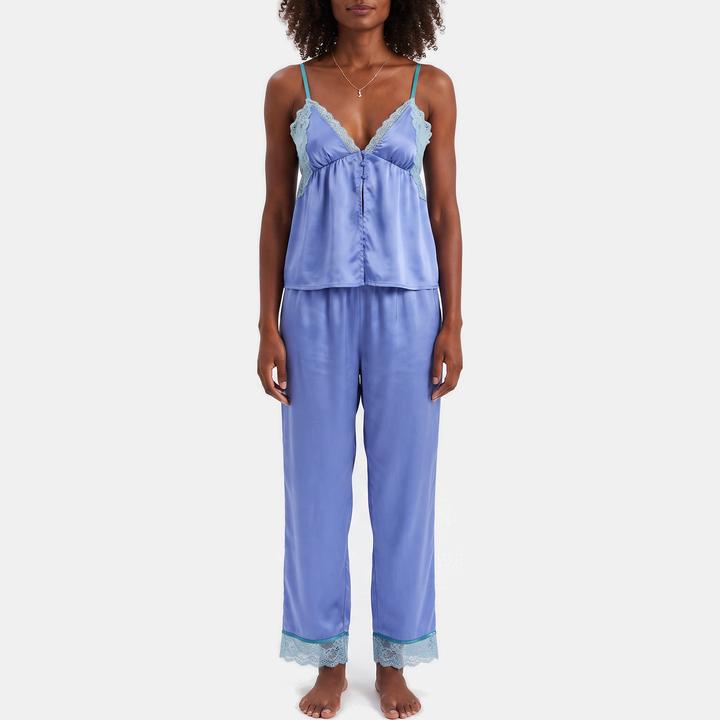 Women's Wide Leg Satin Pajama Set with Lace Trim Cami Top