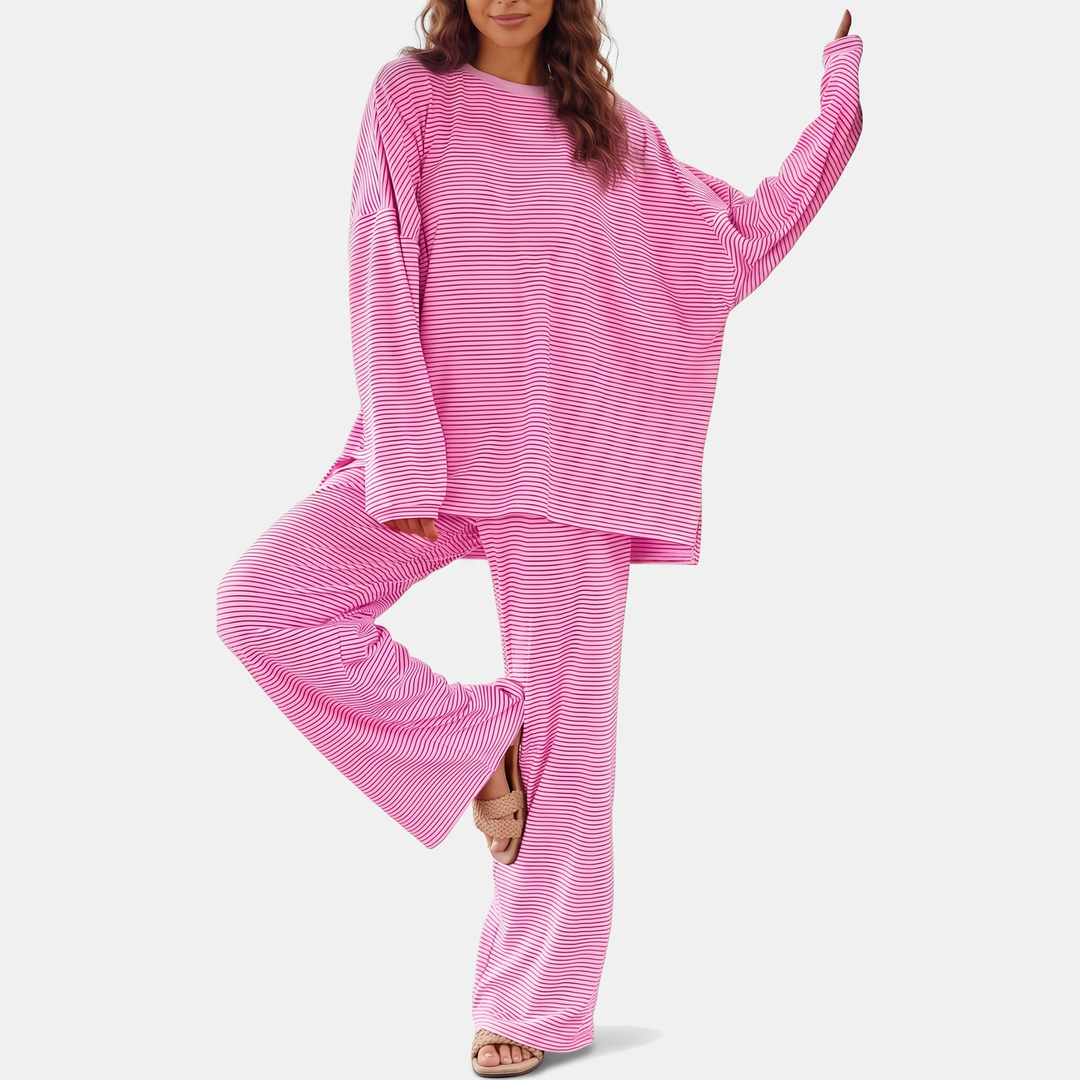 Striped Oversized Two-Piece Women's Pajama Set with Wide Leg