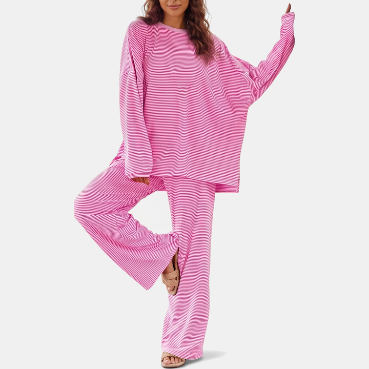 Striped Oversized Two-Piece Women's Pajama Set with Wide Leg