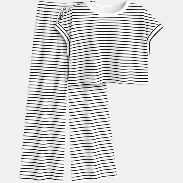 Women's Striped Pajama Set with Open Back and Crossback Design, Wide Leg