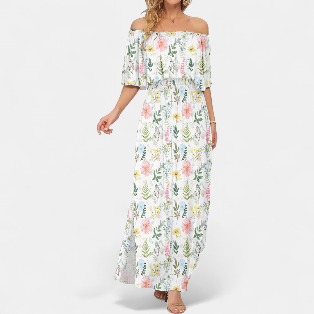 SOLÈNE™ – Off-Shoulder Maxi Dress with Print