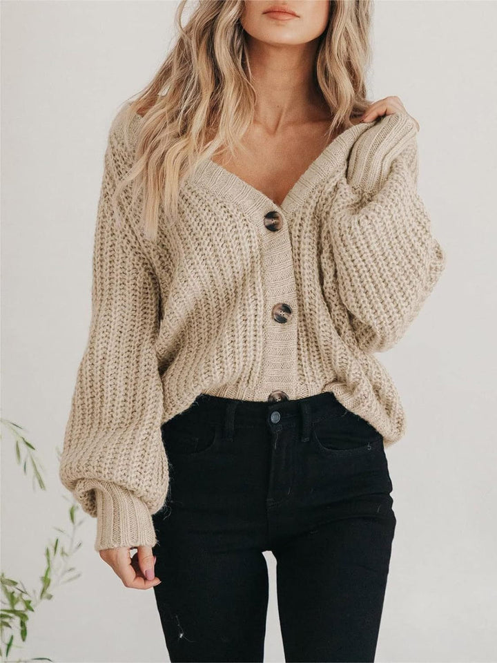 Cassandra | Women's Chunky Knit Cardigan with Deep V-Neck and Button Detail