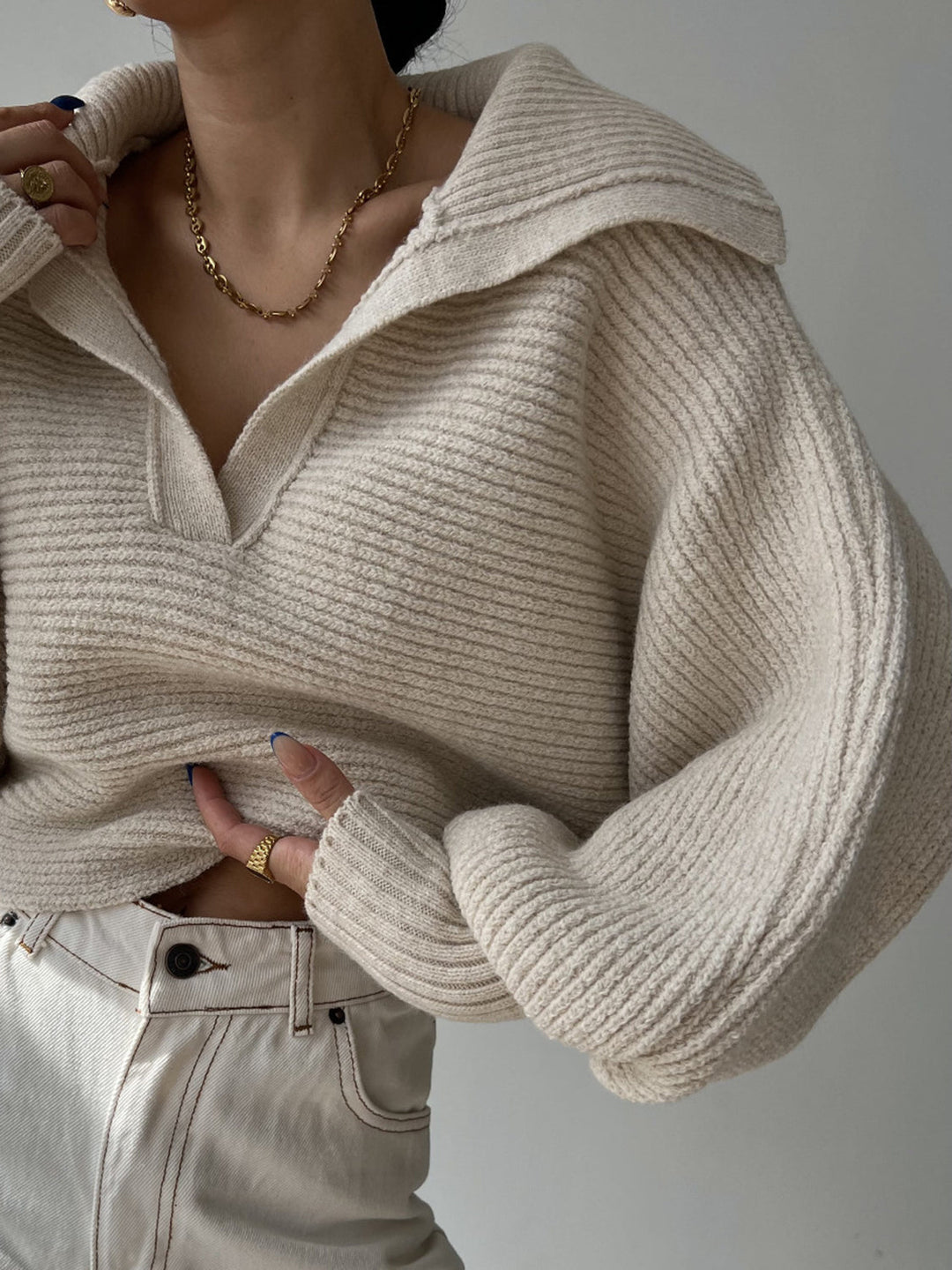 Jane | Women's Ribbed Polo Sweater with Split Collar and Wide Cuffs