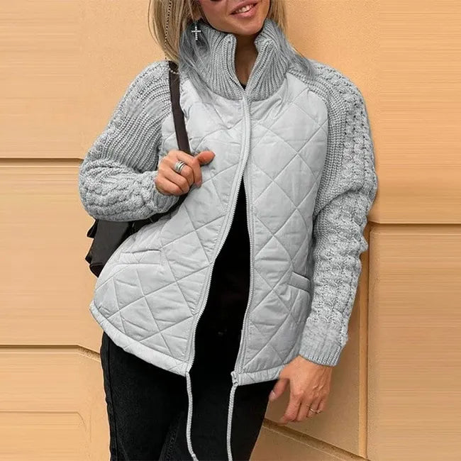 Bronte Women's Quilted Jacket with Knitted Sleeves and Stand-Up Collar