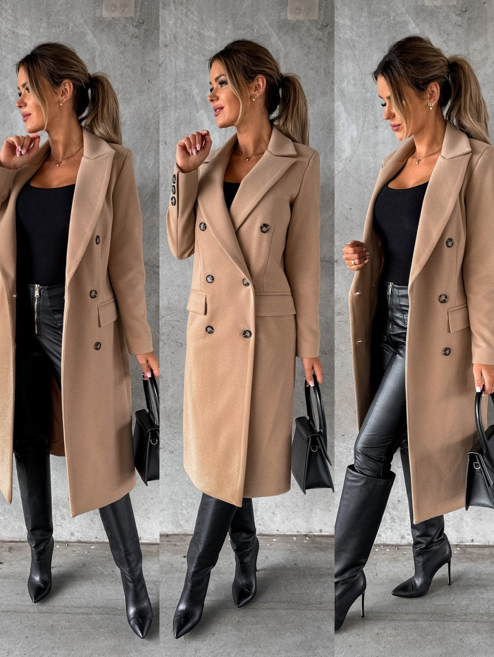 Women's Double-Breasted Wool-Style Coat | Regular Fit | Winter Sleeve Design | Versatile Office and Smart Casual Outerwear