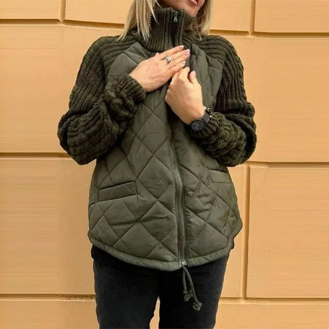 Bronte Women's Quilted Jacket with Knitted Sleeves and Stand-Up Collar