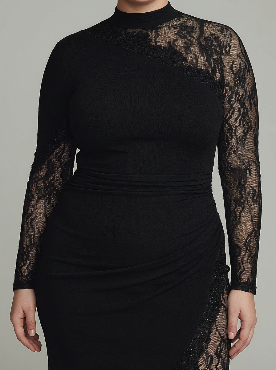 Elspeth | Black Asymmetrical Tulle Mini Dress with Long Sleeve Lace Turtleneck