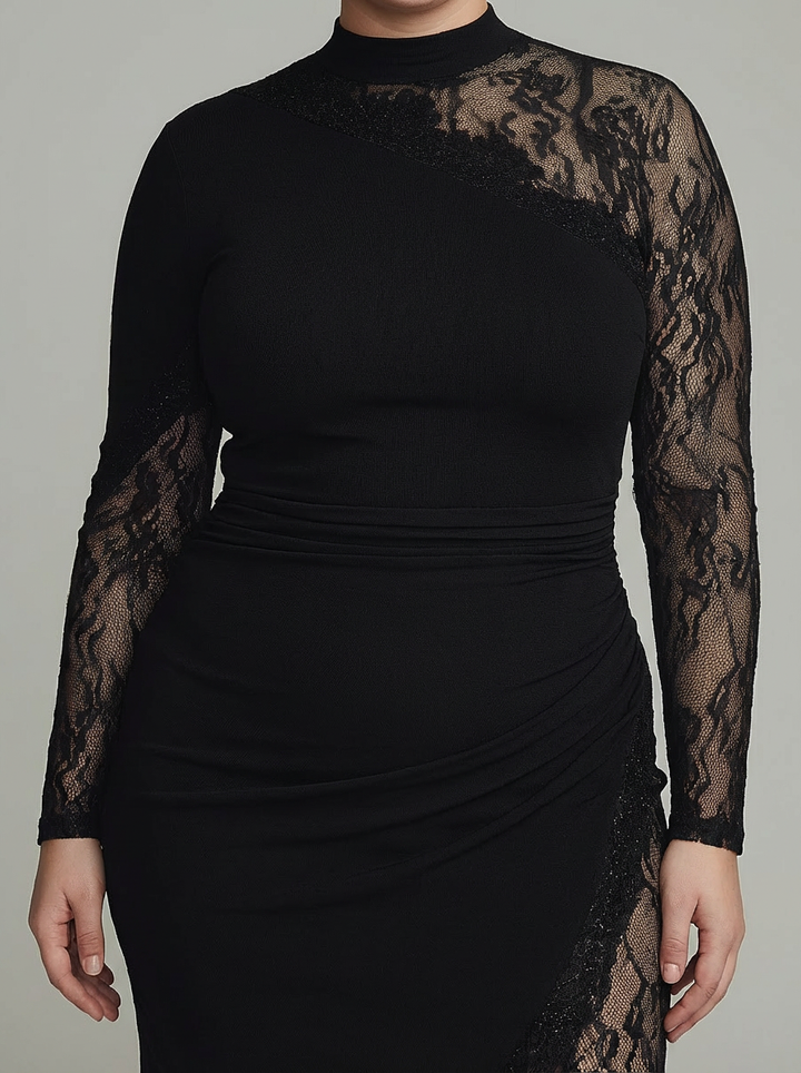 Elspeth | Black Asymmetrical Tulle Mini Dress with Long Sleeve Lace Turtleneck
