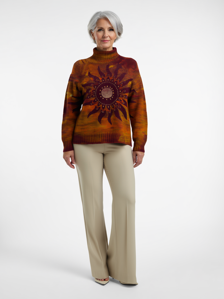 Harlow - Cozy Knitted Turtleneck Sweater Featuring Tribal Sun Design