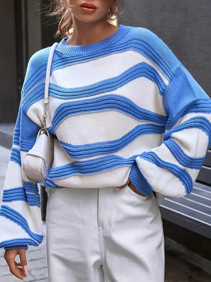 Tabitha | Women's Round Neck Sweater with Sculpted Wavy Stripes