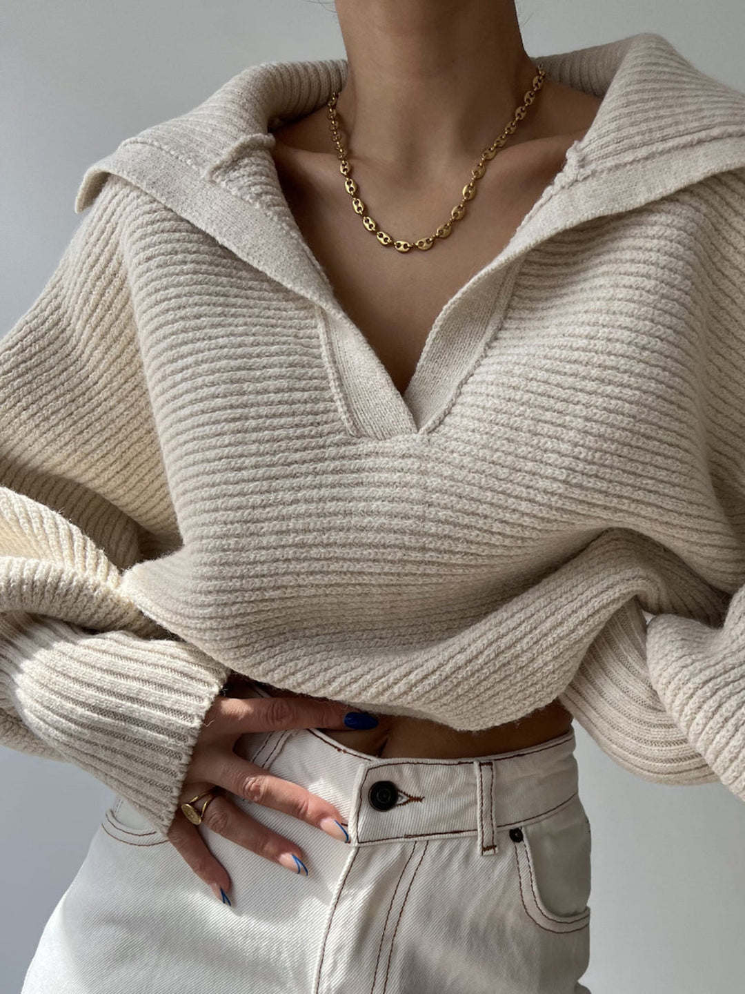 Jane | Women's Ribbed Polo Sweater with Split Collar and Wide Cuffs