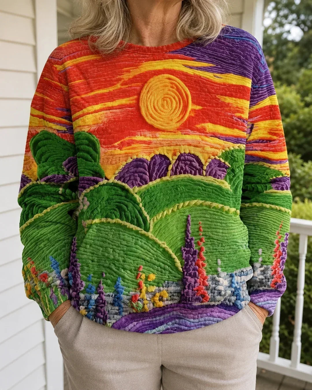 RAVELLA | SUNBURST LANDSCAPE PRINT COMFY RELAXED SWEATER