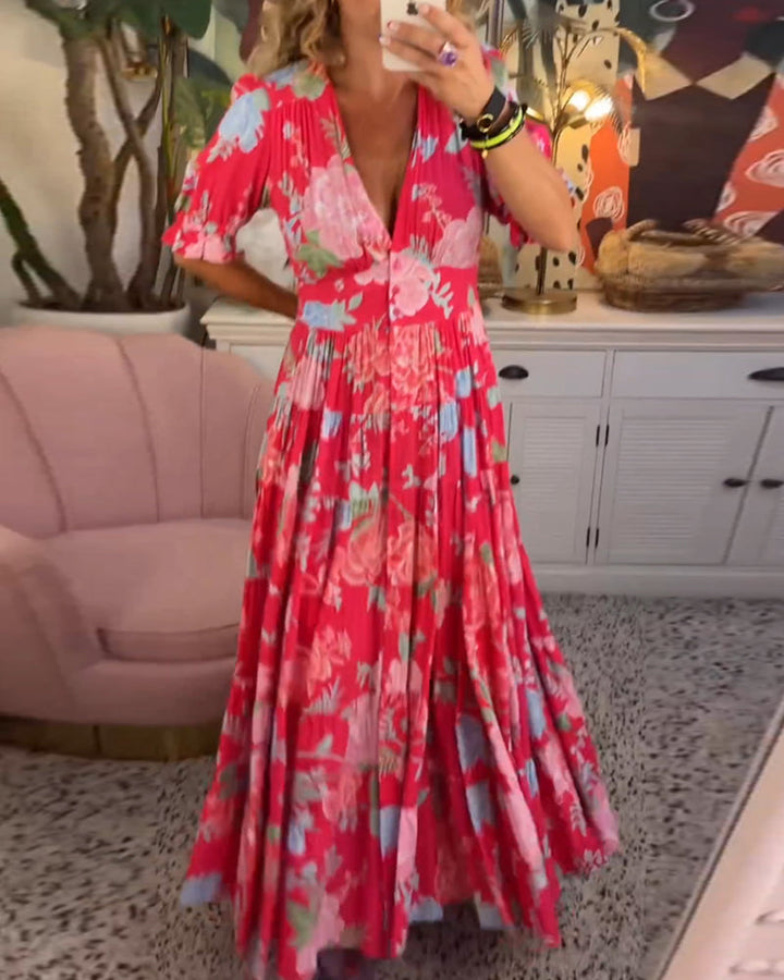 Reagan - Floral Maxi Dress with V-Neck and Short Sleeves