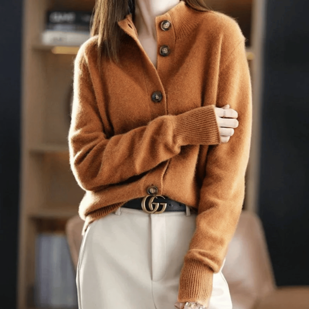 Celeste | Women's Soft Knit High Neck Cardigan with Bold Button Details