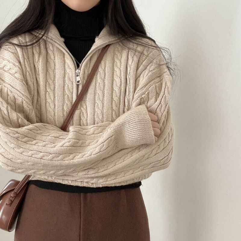 Fiona | Women's Cropped Cable Knit Sweater with Half-Zip Funnel Neck