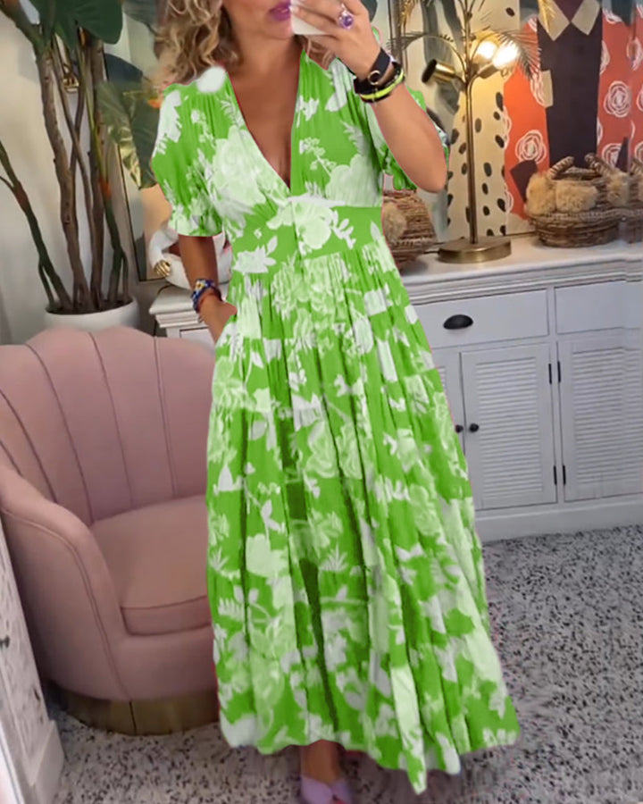 Reagan - Floral Maxi Dress with V-Neck and Short Sleeves